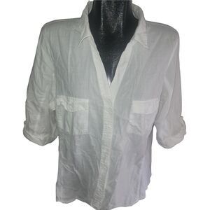 Penningtons White Button-Up Cropped Sleeve Cotton Shirt 1X